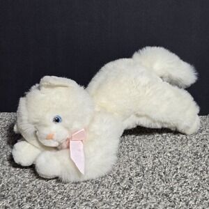 VINTAGE MJC White Cat Kitten Plush Pink Ribbon Stuffed Animal 80s Blue Eyes 1988
